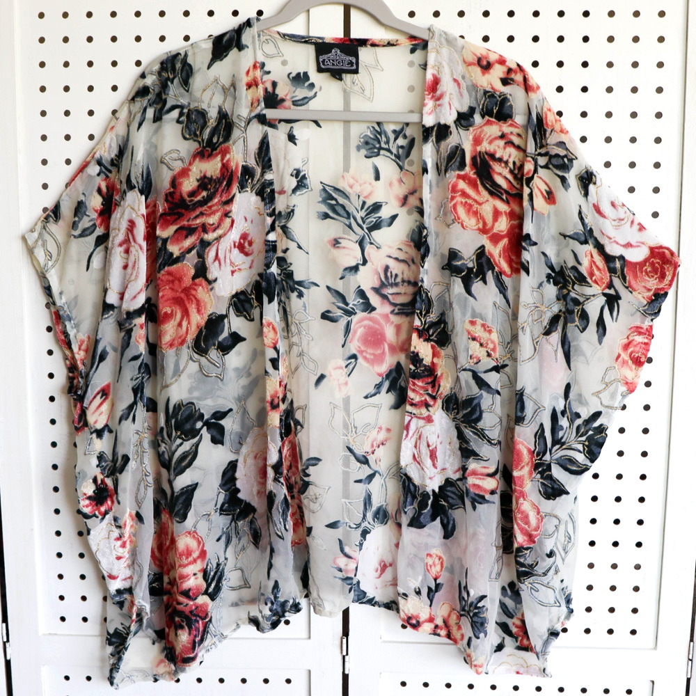 ANGIE Floral Rose Sheer Velvet Burnout Kimono Open Cardigan Womens SIZE S